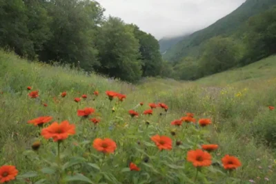 Paisajes verdes vibrantes con flores coloridas y vida silvestre