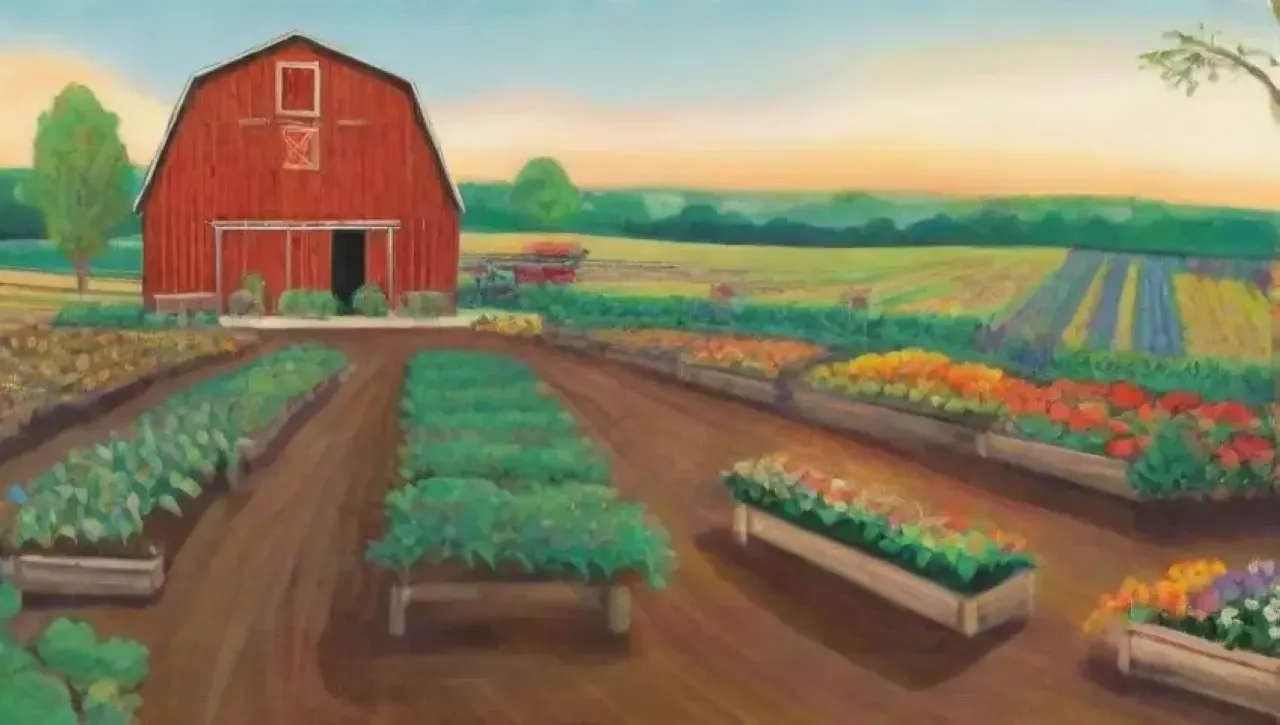 Un paisaje agrícola vibrante y sostenible lleno de vida y comunidad