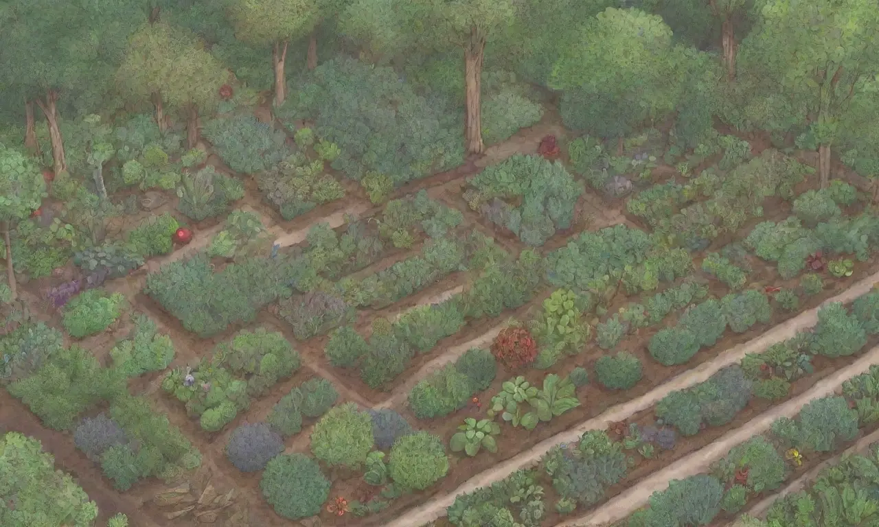 Huerto forestal comestible con plantas diversas y diseño sostenible