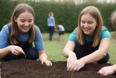 Estudiantes plantan semillas en un hermoso jardín