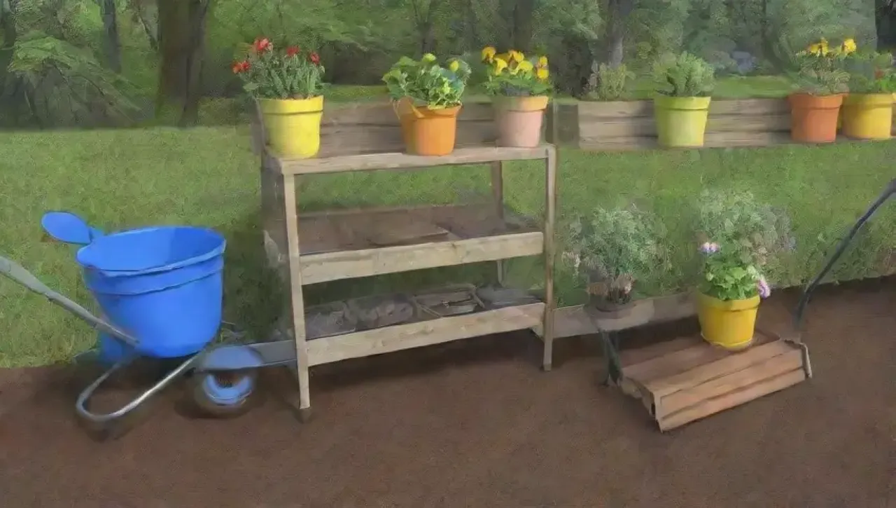 Un jardín vibrante y organizado con herramientas coloridas y flores bajo un cielo azul