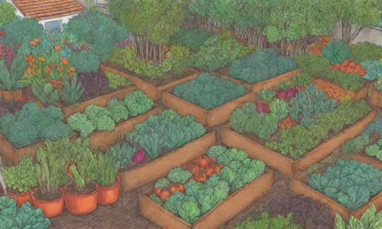 Jardín vibrante con verduras, consejos de siembra, compostaje, recolección eficiente y prácticas sostenibles