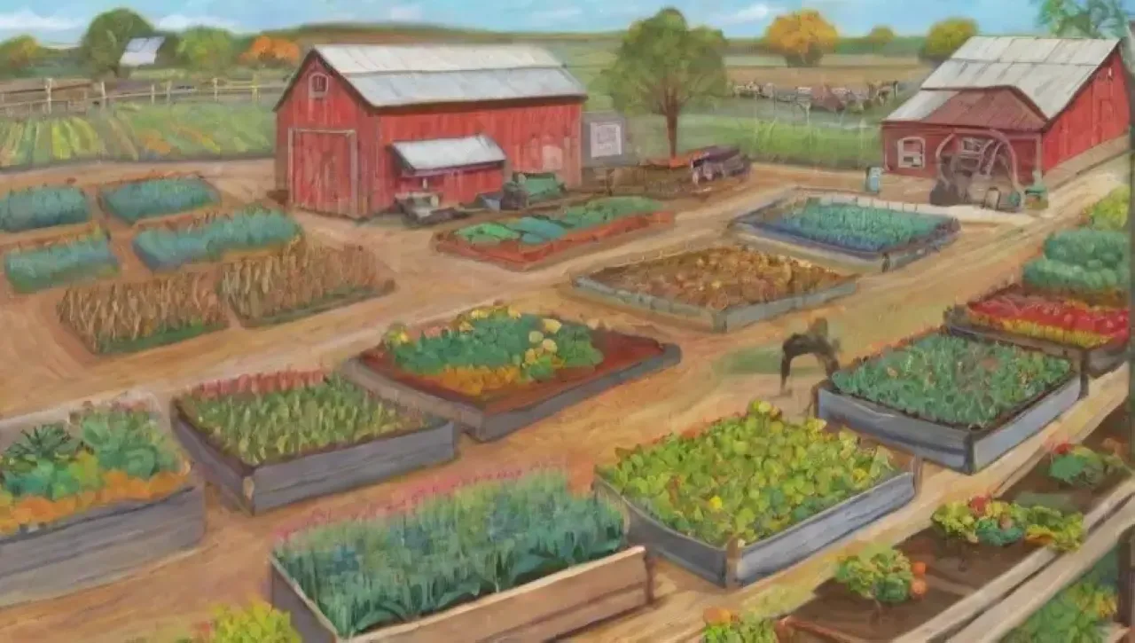 Campos vibrantes con cultivos diversos, agricultores sonrientes y prácticas sostenibles