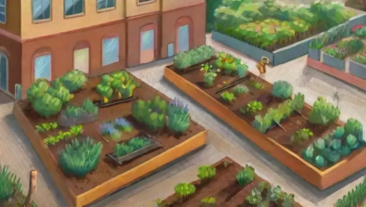 Un jardín urbano vibrante y sostenible con plantas, agua, y comunidad en armonía