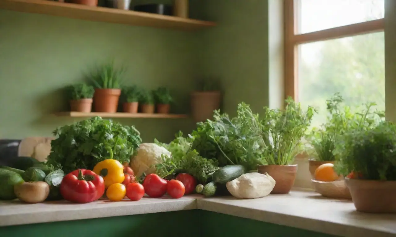 Cocina acogedora con fondo verde, hierbas frescas y luz solar que evoca autosuficiencia y conexión con la naturaleza