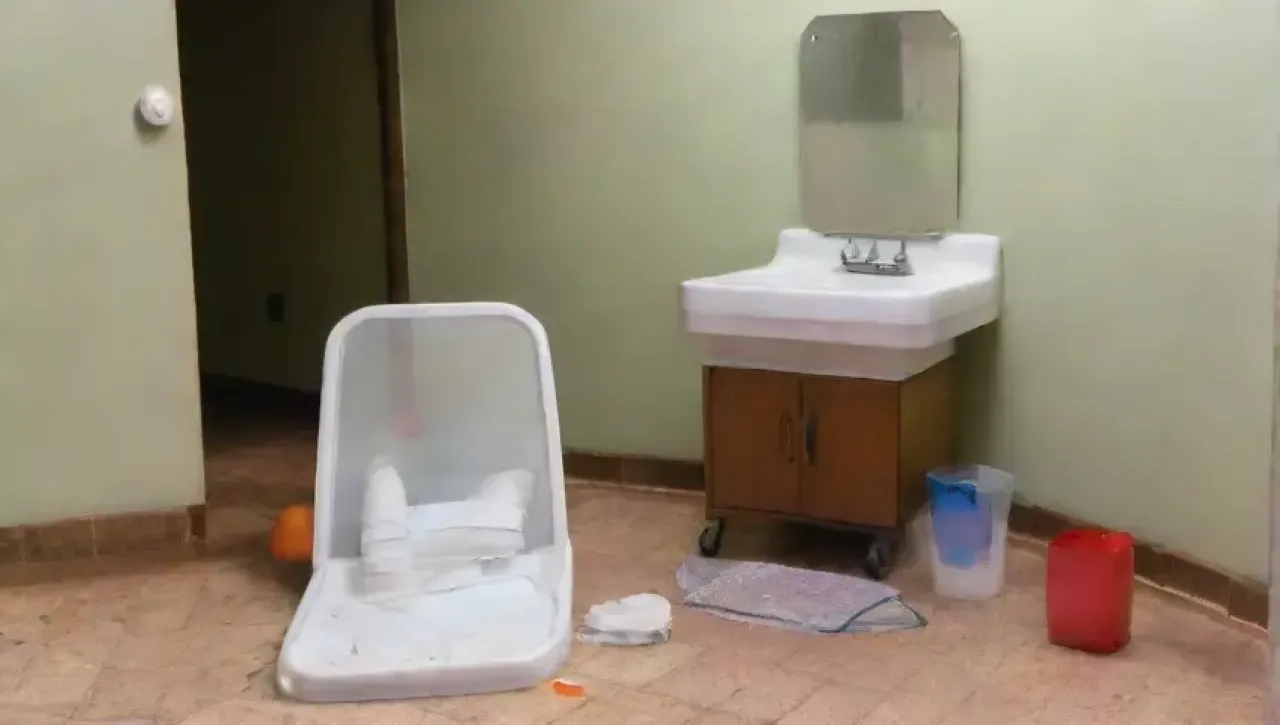Un ambiente clínico deteriorado y estéril refleja la ansiedad y el descuido en la atención médica