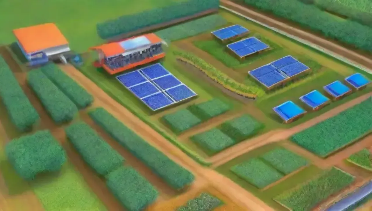 Un paisaje que fusiona naturaleza y tecnología con energía sostenible y agricultura innovadora