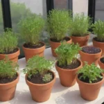 Jardín urbano con plantas verdes y coloridas en pequeños maceteros