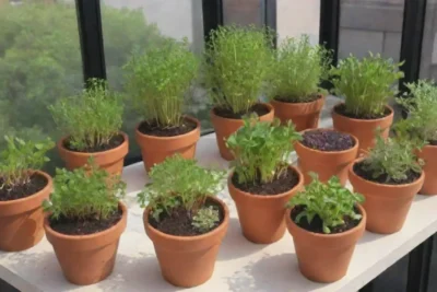 Jardín urbano con plantas verdes y coloridas en pequeños maceteros