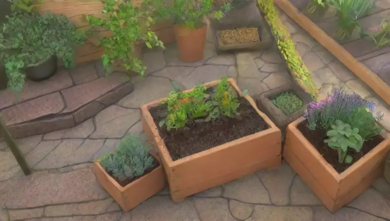 Un jardín vibrante y acogedor lleno de hierbas frescas y flores