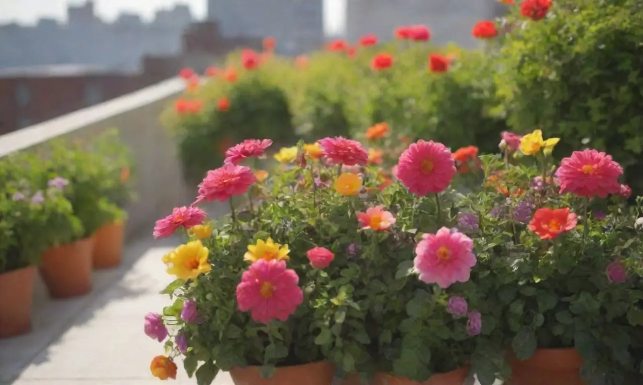 Jardín urbano colorido y vibrante en una terraza soleada