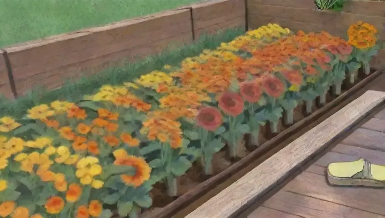 Un jardín vibrante con girasoles, plantas, marigolds, mariposas y una atmósfera serena