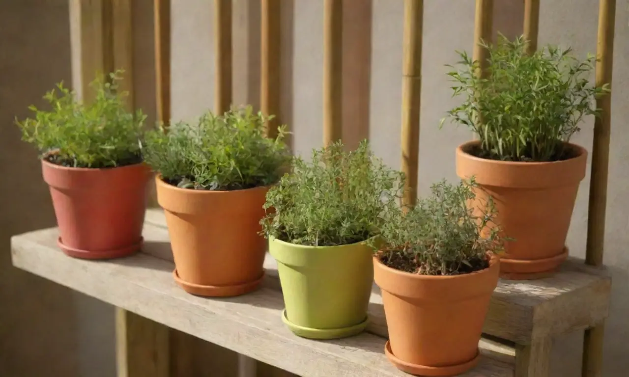 Guía económica para jardinería urbana con macetas de bambú y hierbas coloridas