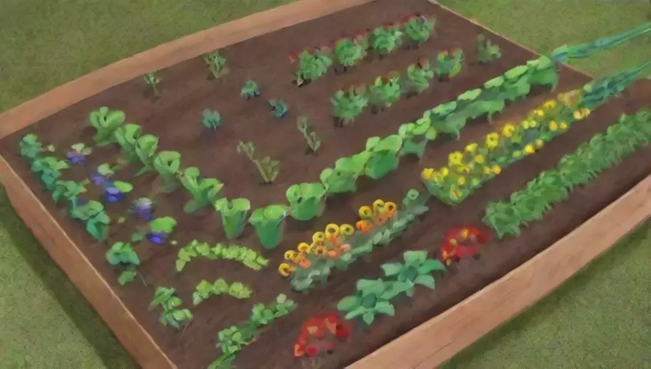 Un jardín vibrante lleno de vegetales coloridos, flores y vida