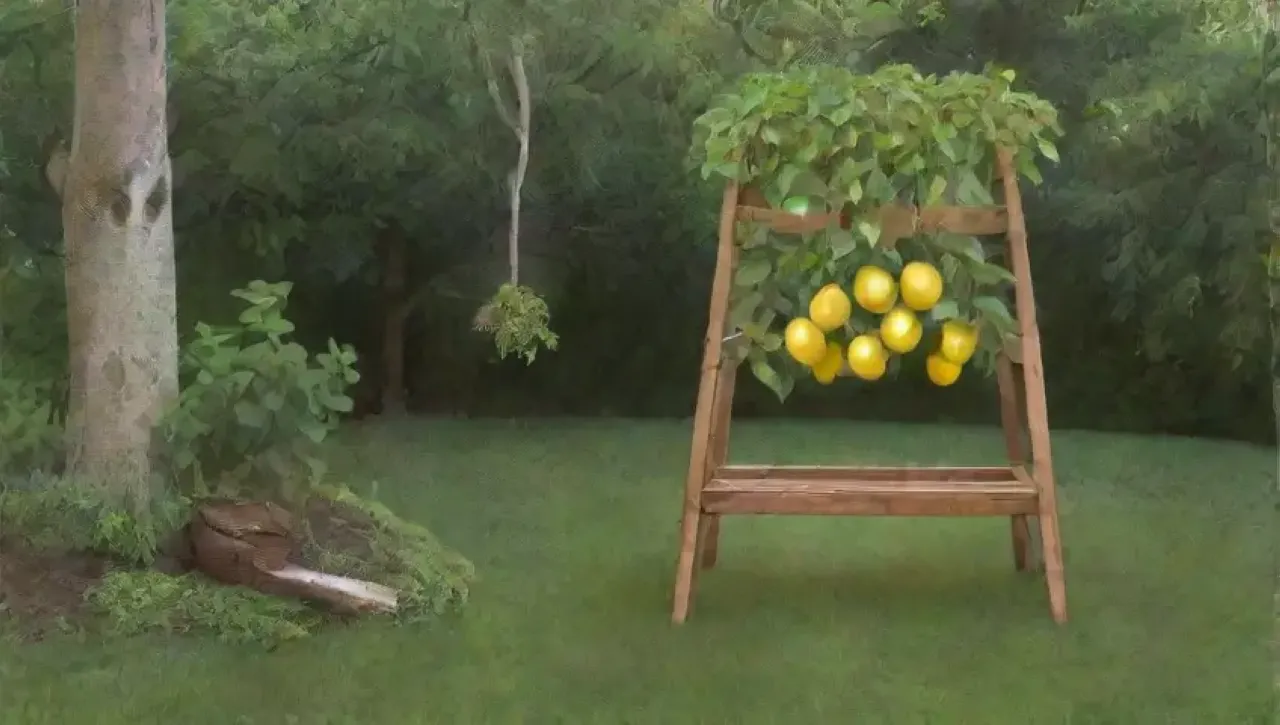 Un jardín armonioso con limones amarillos, una escalera de madera y un suave aire fresco