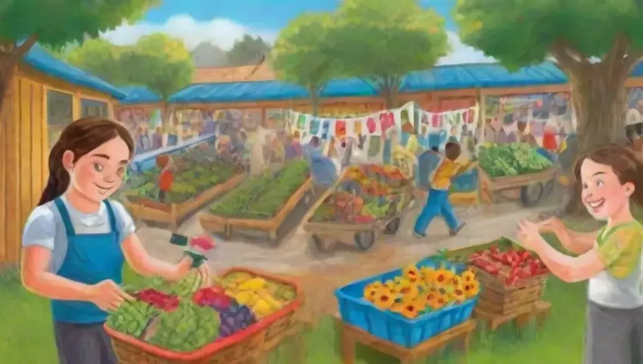 Un vibrante mercado agrícola con campos verdes, productos frescos, talleres educativos y comunidad unida