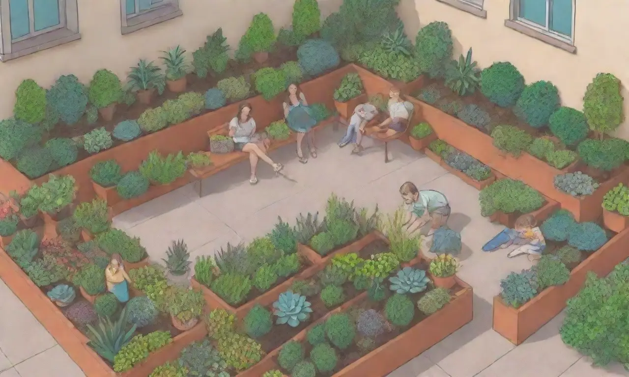 Jardín colorido con plantas verdes y ambiente alegre de familia trabajando