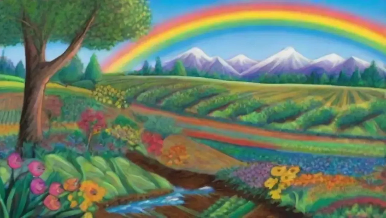 Un paisaje agrícola vibrante con campos verdes, flores brillantes y riego eficiente
