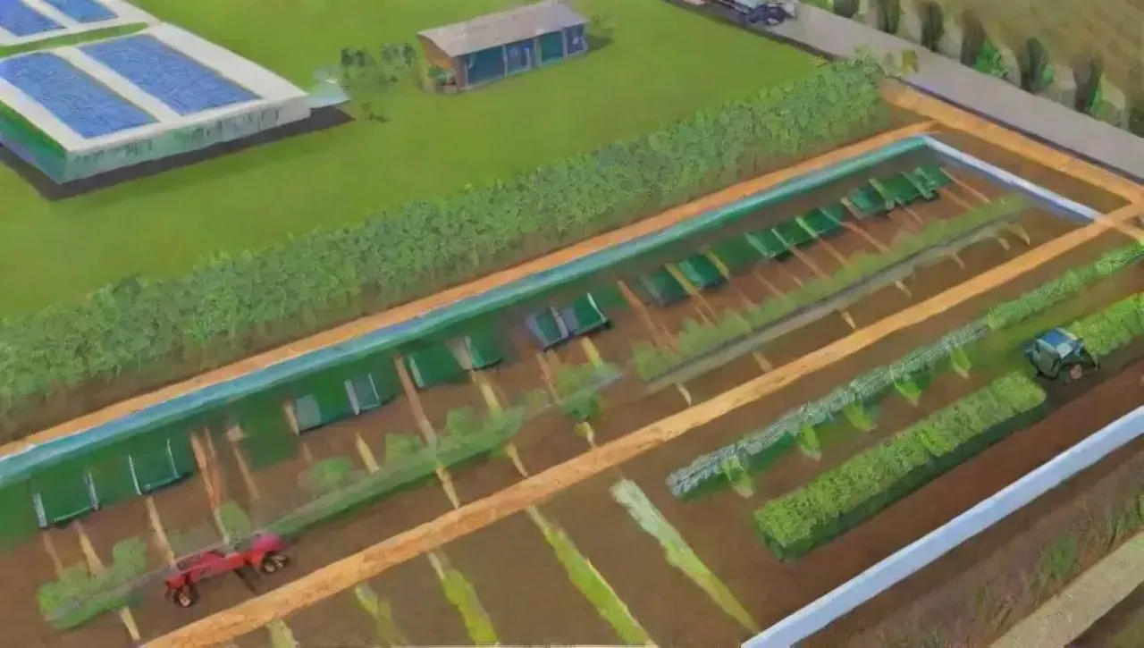 Campos verdes, tecnología sostenible y comunidad unida en armonía con la naturaleza