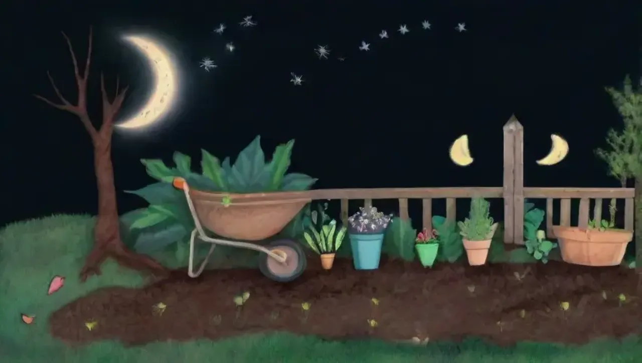 Una noche serena con luna llena ilumina un jardín vibrante y en crecimiento