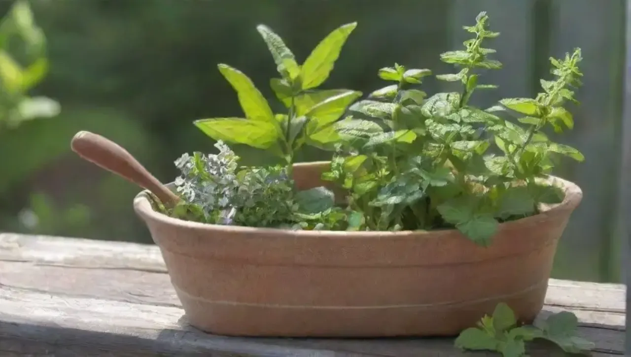 Un jardín de hierbas vibrante con menta fresca, flores blancas y un ambiente acogedor