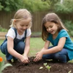 Niños felices juegan y aprenden en un jardín lleno de plantas vibrantes