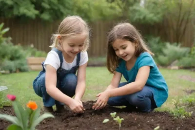 Niños felices juegan y aprenden en un jardín lleno de plantas vibrantes