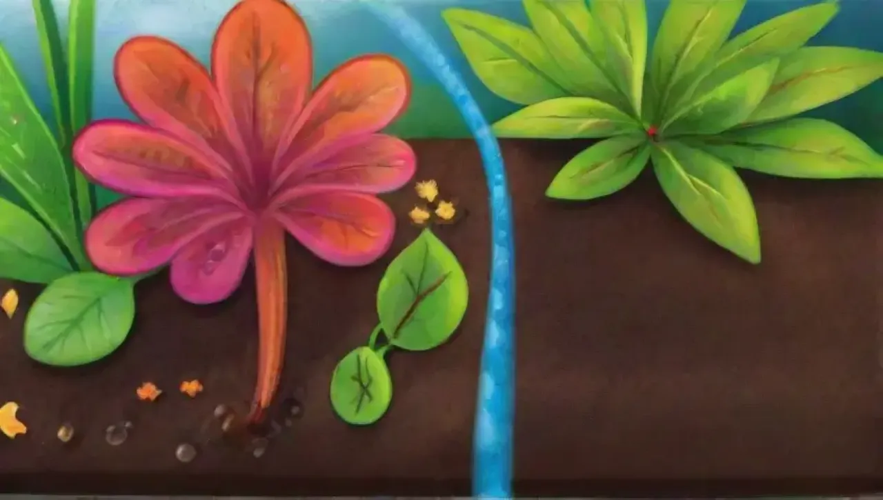 Un jardín vibrante con plantas verdes, agua, luz solar y un ambiente sereno