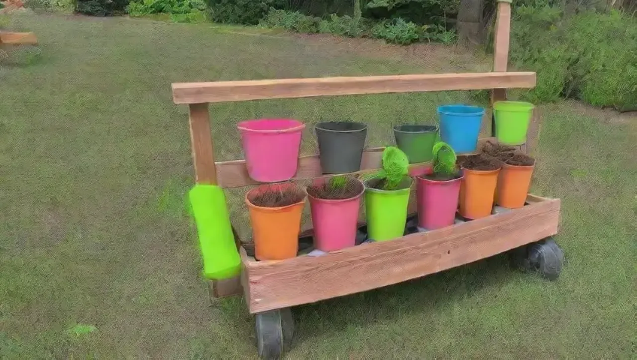 Herramientas de jardín coloridas y organizadas en un ambiente alegre
