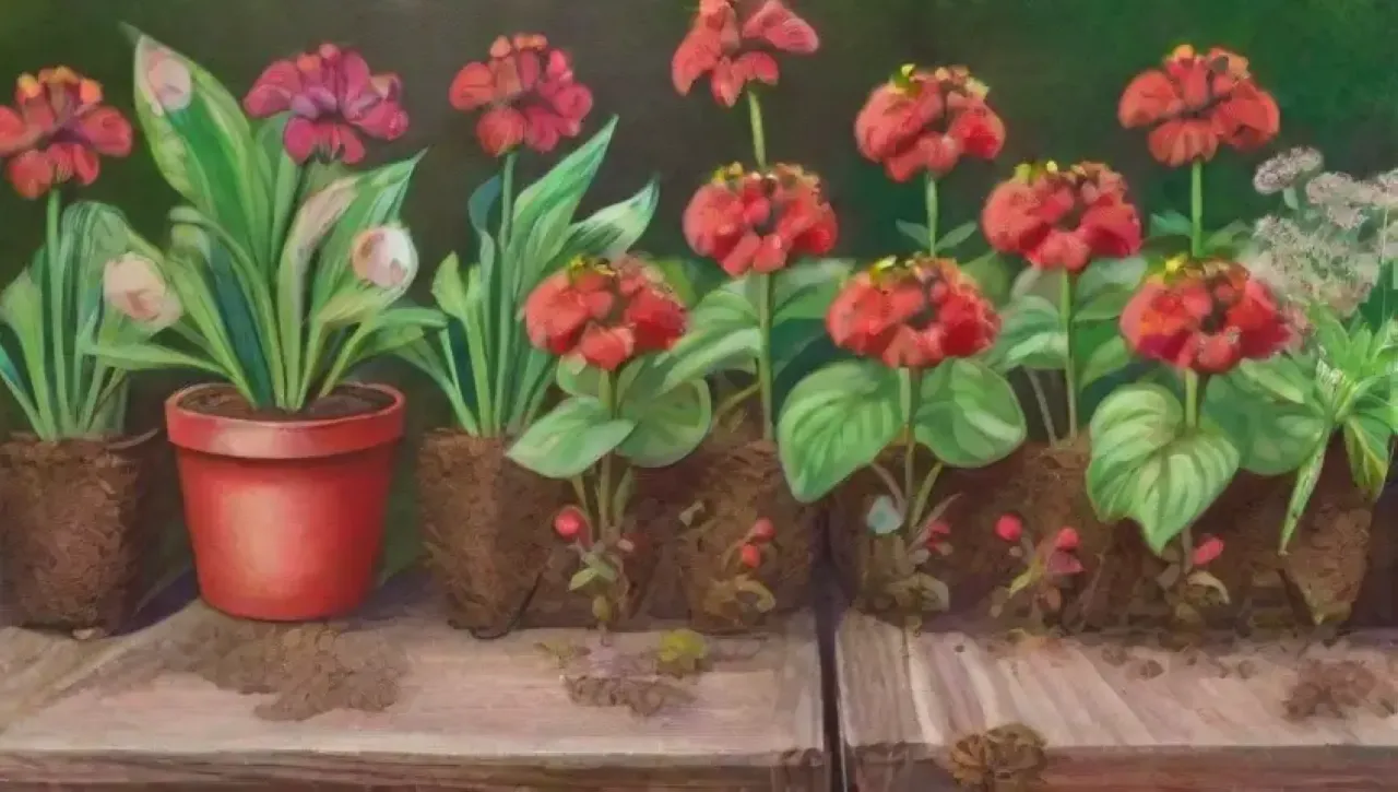 Un jardín vibrante con hojas verdes, fresas rojas y flores delicadas
