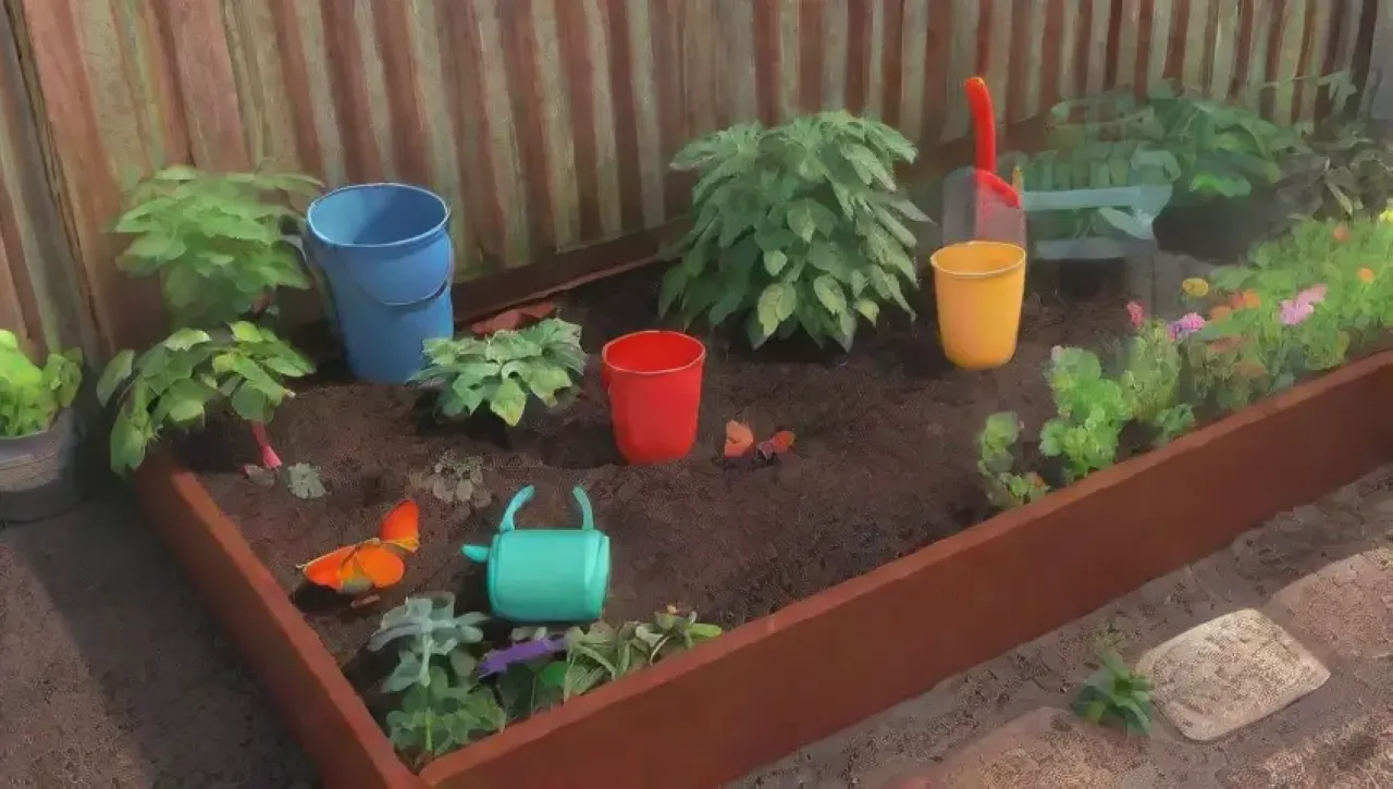 Un jardín vibrante con plantas verdes, vegetales coloridos, mariposas, abejas y un compost en armonía con la naturaleza