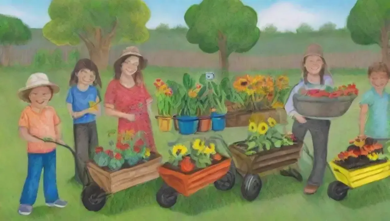 Un vibrante jardín comunitario lleno de vida, risas y colaboración