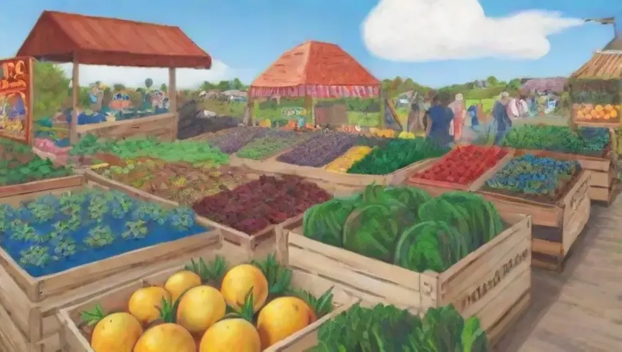 Un mercado agrícola vibrante con productos frescos, comunidades unidas y prácticas sostenibles