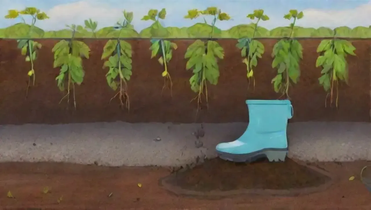 Un campo deteriorado de verduras y tierra, con signos de contaminación y lucha por la vida