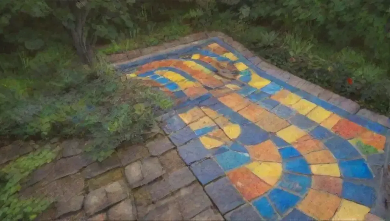 Un mosaico vibrante de azulejos rotos en un jardín sereno celebra la creatividad y la belleza en la imperfección