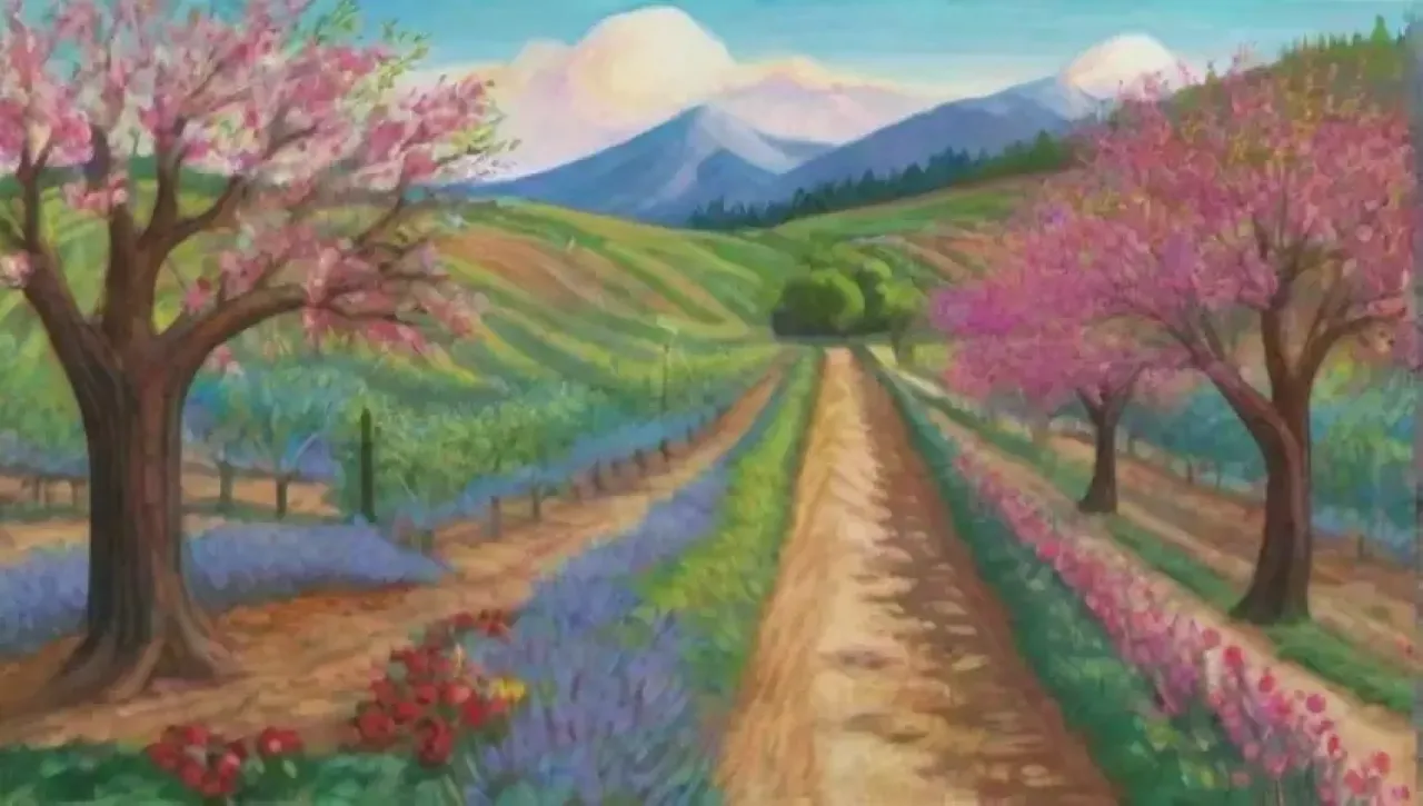 Un vibrante huerto en colinas con árboles frutales, flores coloridas y un cielo azul