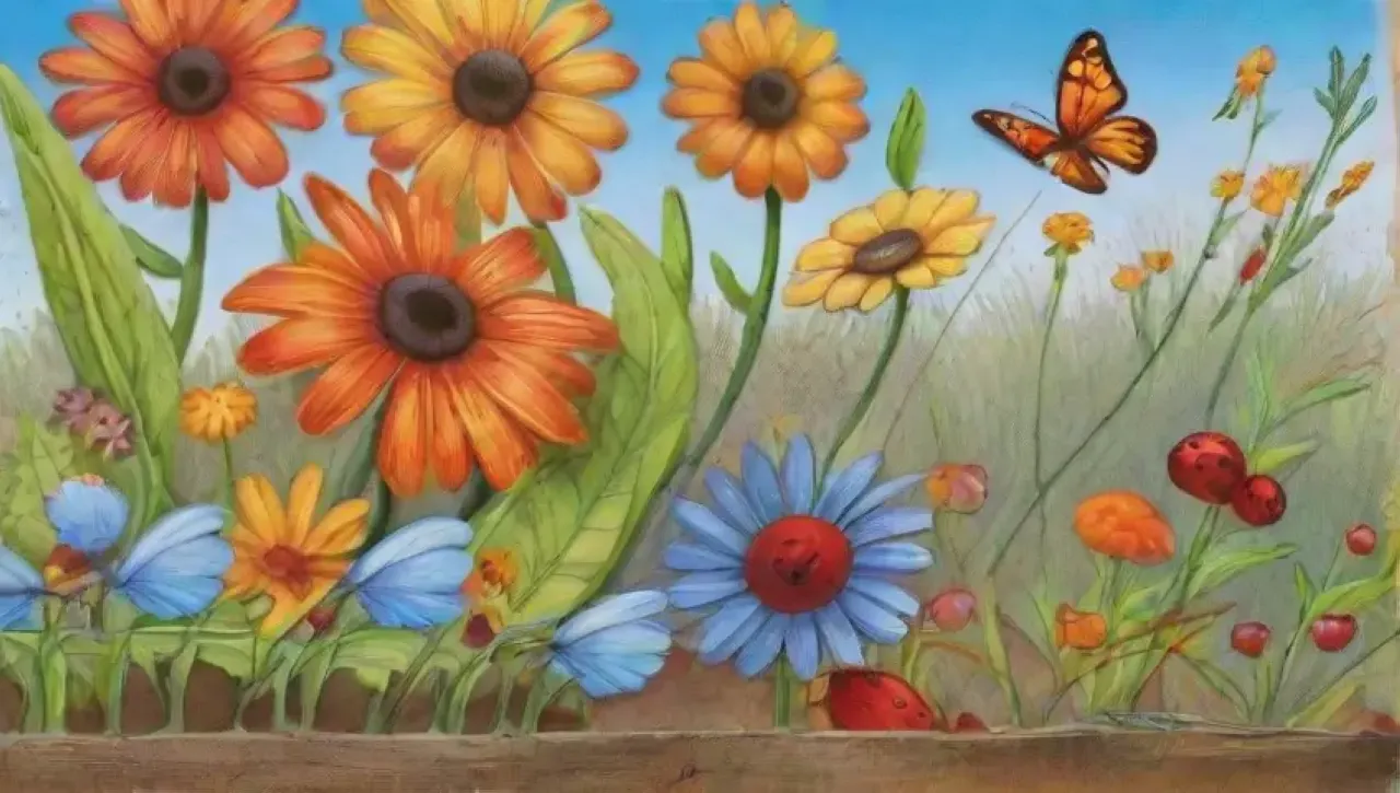 Escena de jardín vibrante con flores, mariposas, abejas y armonía natural