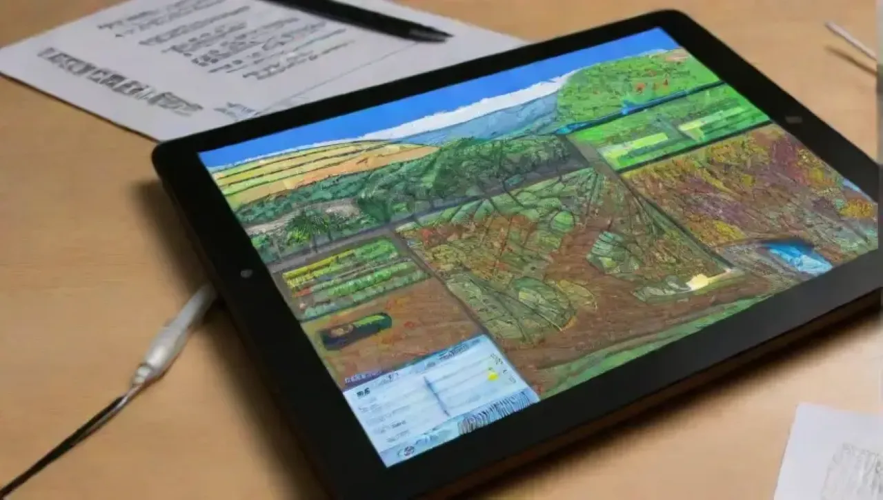 Un paisaje vibrante con científicos analizando datos en tiempo real sobre el suelo