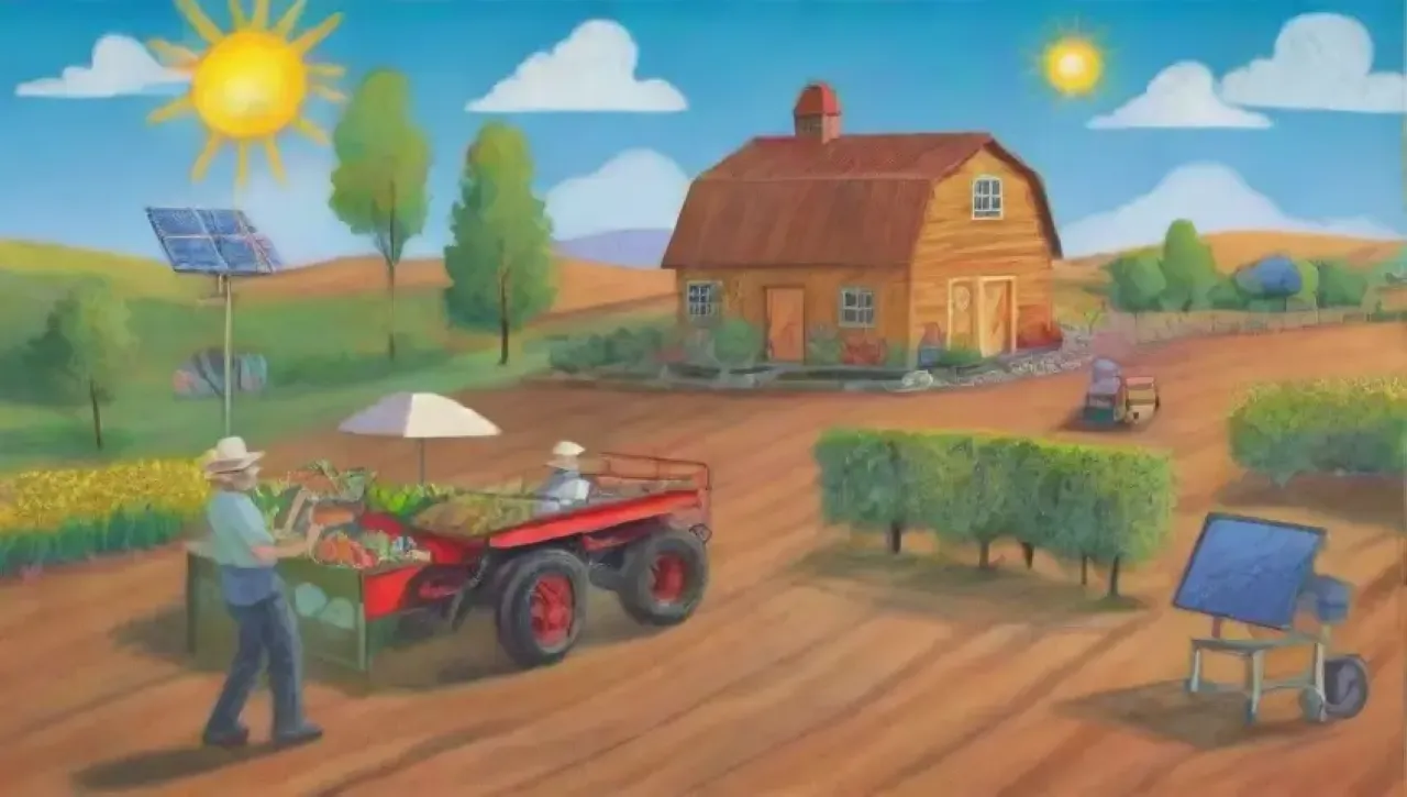 Un campo vibrante con cultivos dorados, tecnología agrícola y una comunidad unida en innovación