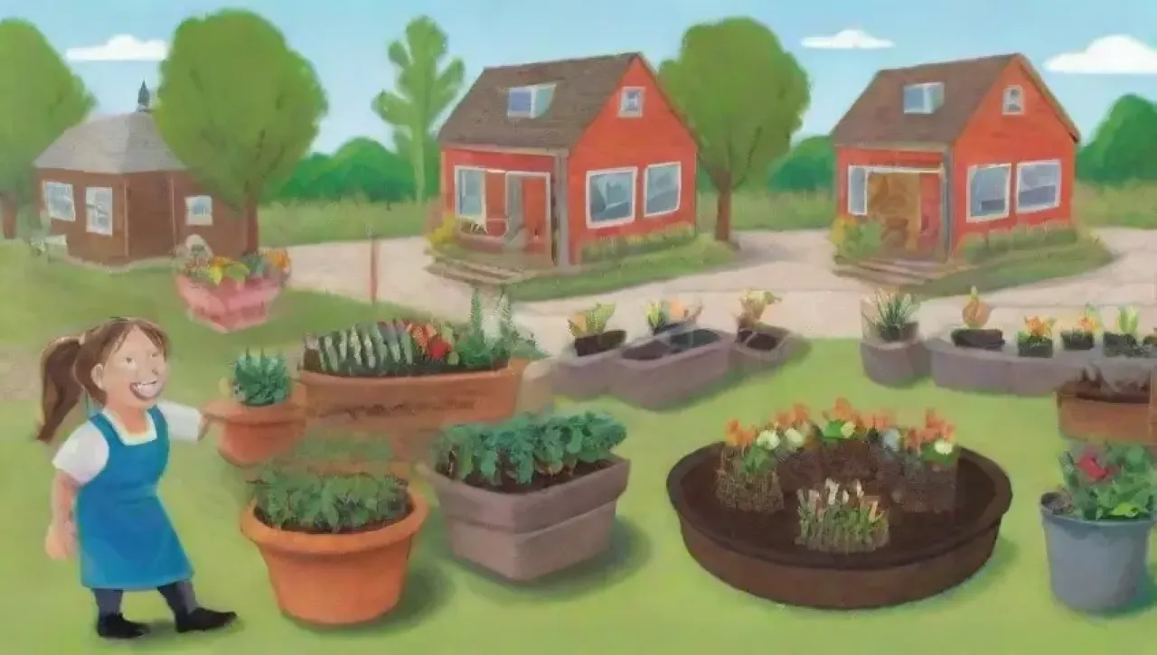 Un vibrante jardín comunitario lleno de vida, trabajo en equipo y alegría