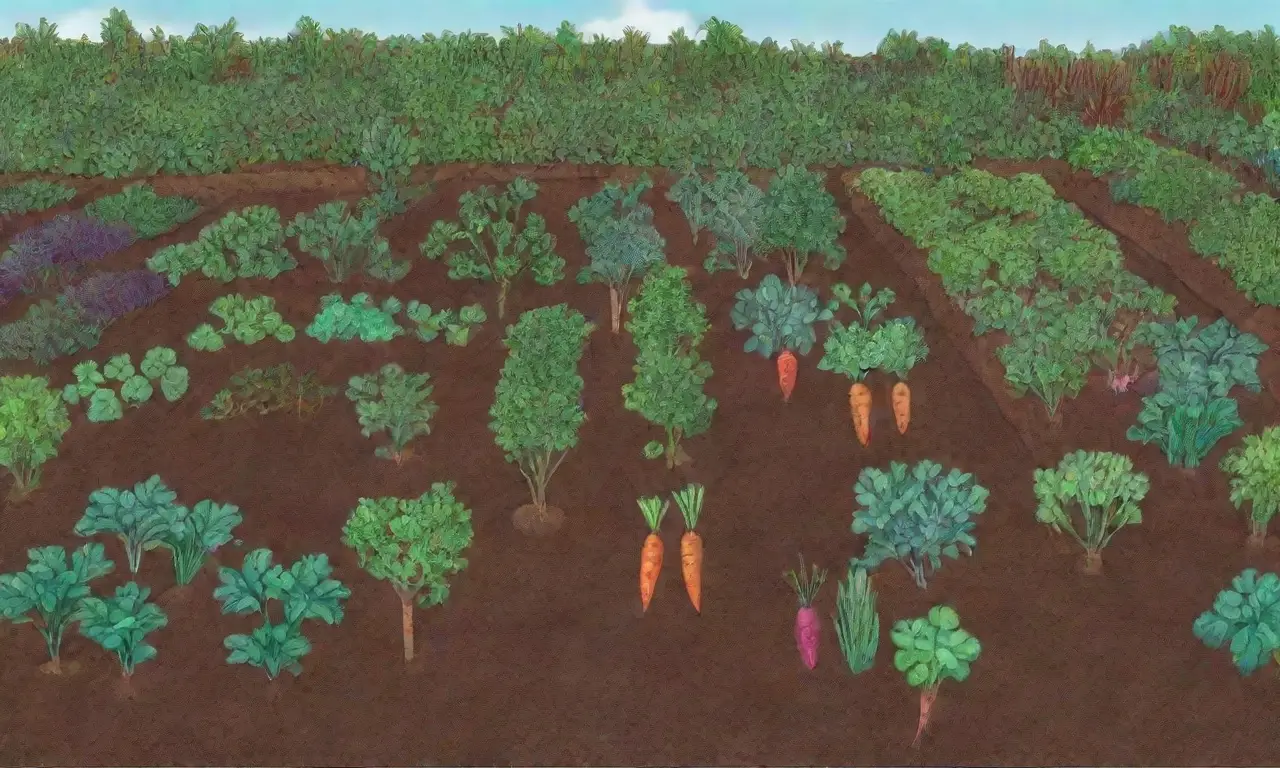 Huerto comunitario con vegetales coloridos y esfuerzo colaborativo