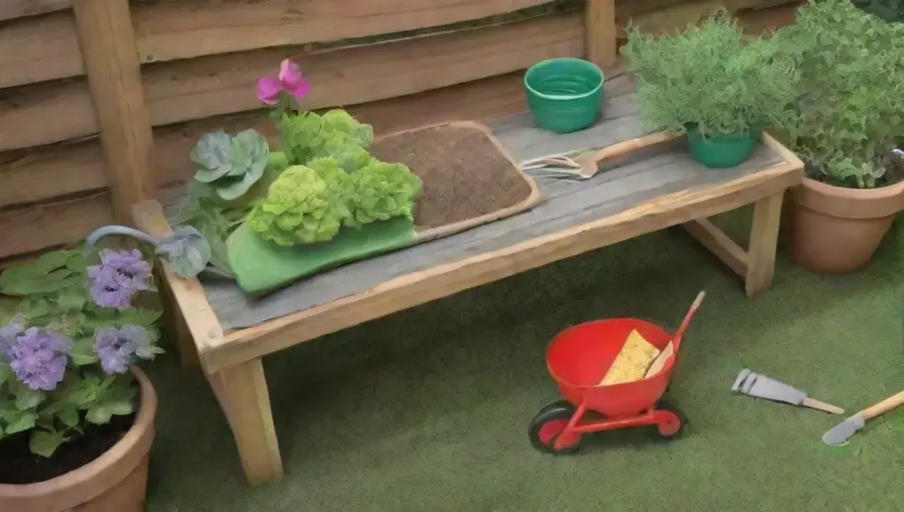 Un jardín vibrante con herramientas ordenadas, flores brillantes y un gnomo sonriente