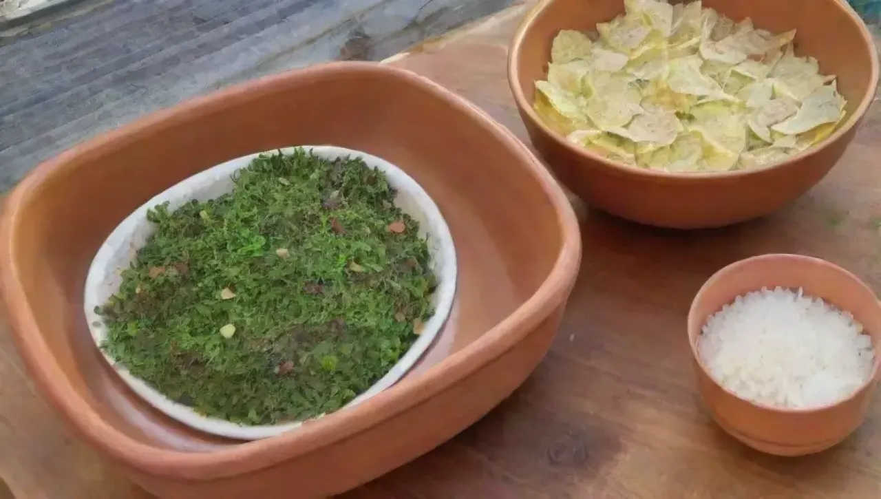 Una cocina acogedora y vibrante llena de hierbas frescas, ingredientes coloridos y amigos disfrutando de una comida
