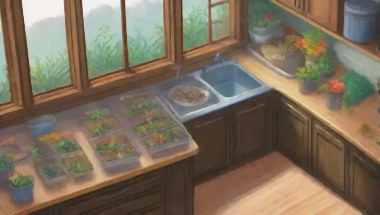Un papel tapiz vibrante que contrasta un jardín florecido con una cocina desordenada y llena de tensión