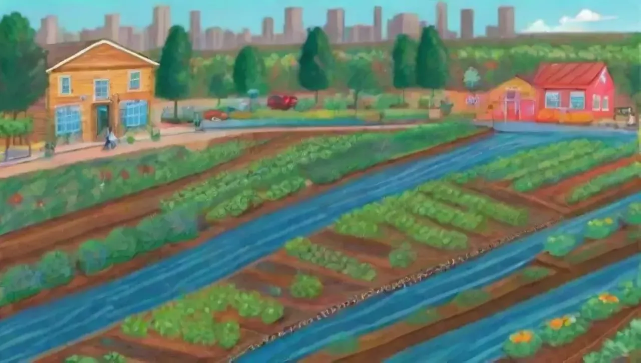 Un jardín urbano vibrante con cultivos diversos y prácticas sostenibles