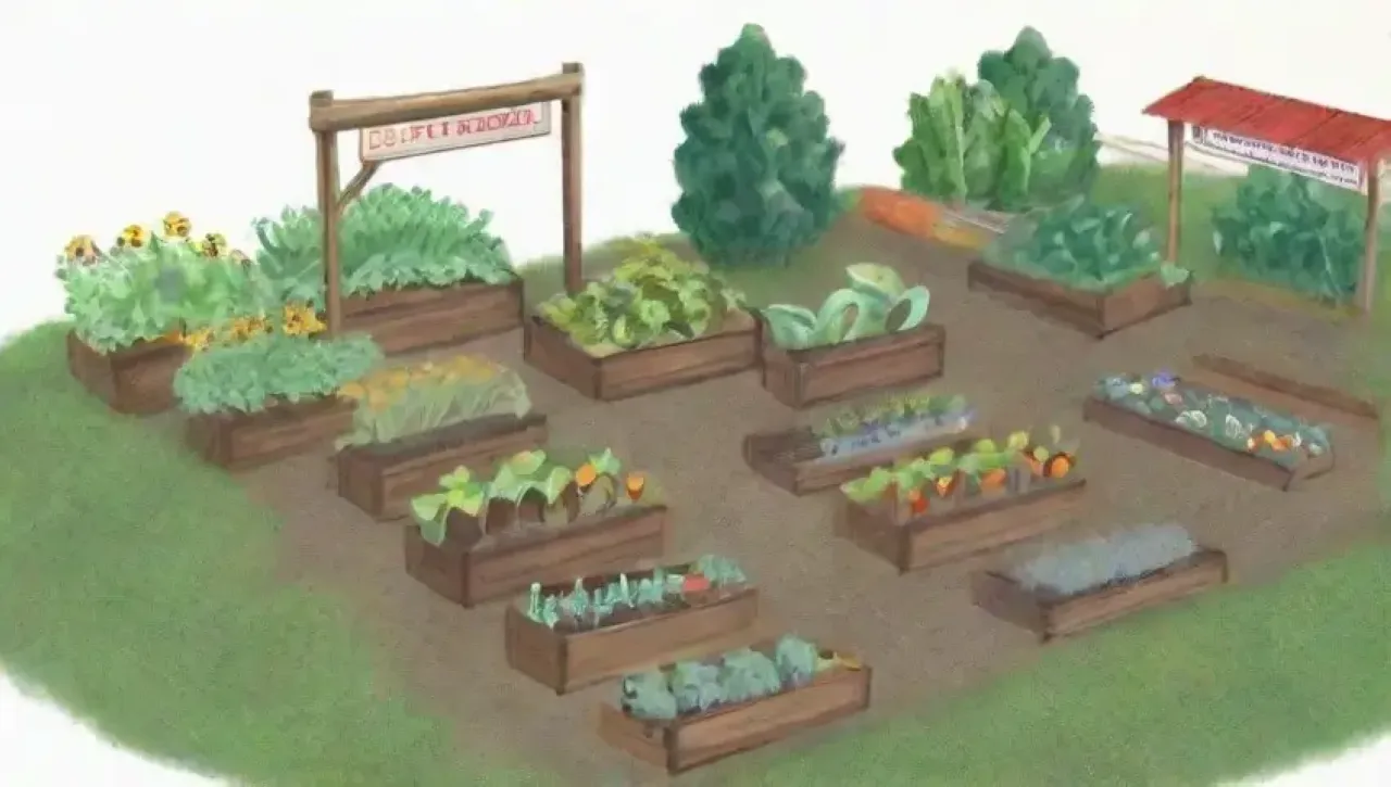 Un jardín comunitario vibrante y educativo lleno de vida y actividades