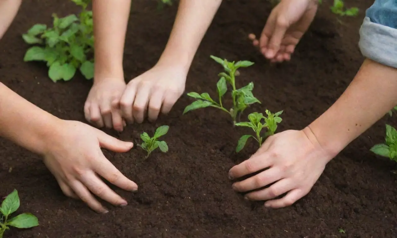 Jardín colorido donde estudiantes plantan y aprenden sobre naturaleza y trabajo en equipo