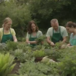 Naturaleza vibrante y familia unida en jardinería sostenible
