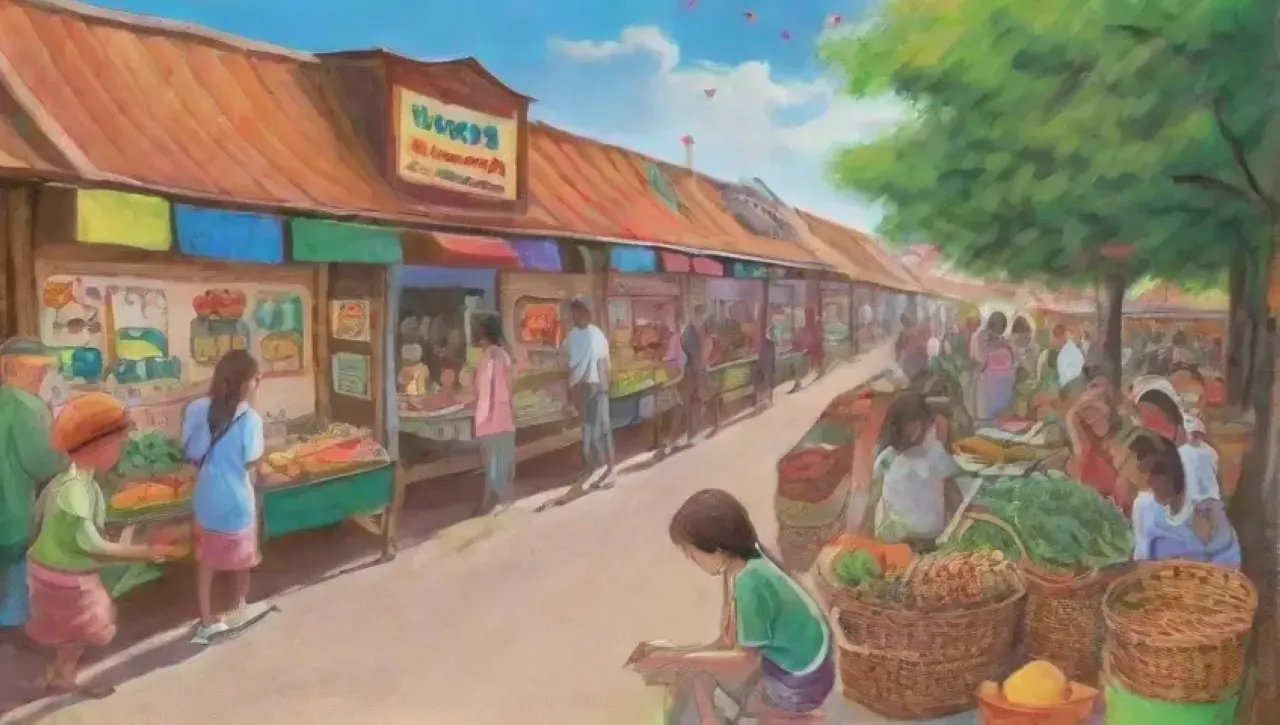Un vibrante mercado comunitario lleno de productos frescos, sonrisas y unidad