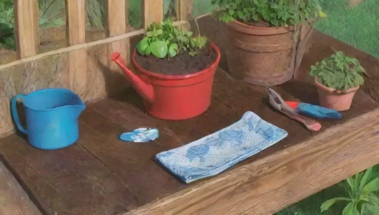 Un jardín soleado con familia trabajando en la poda y el injerto de árboles frutales